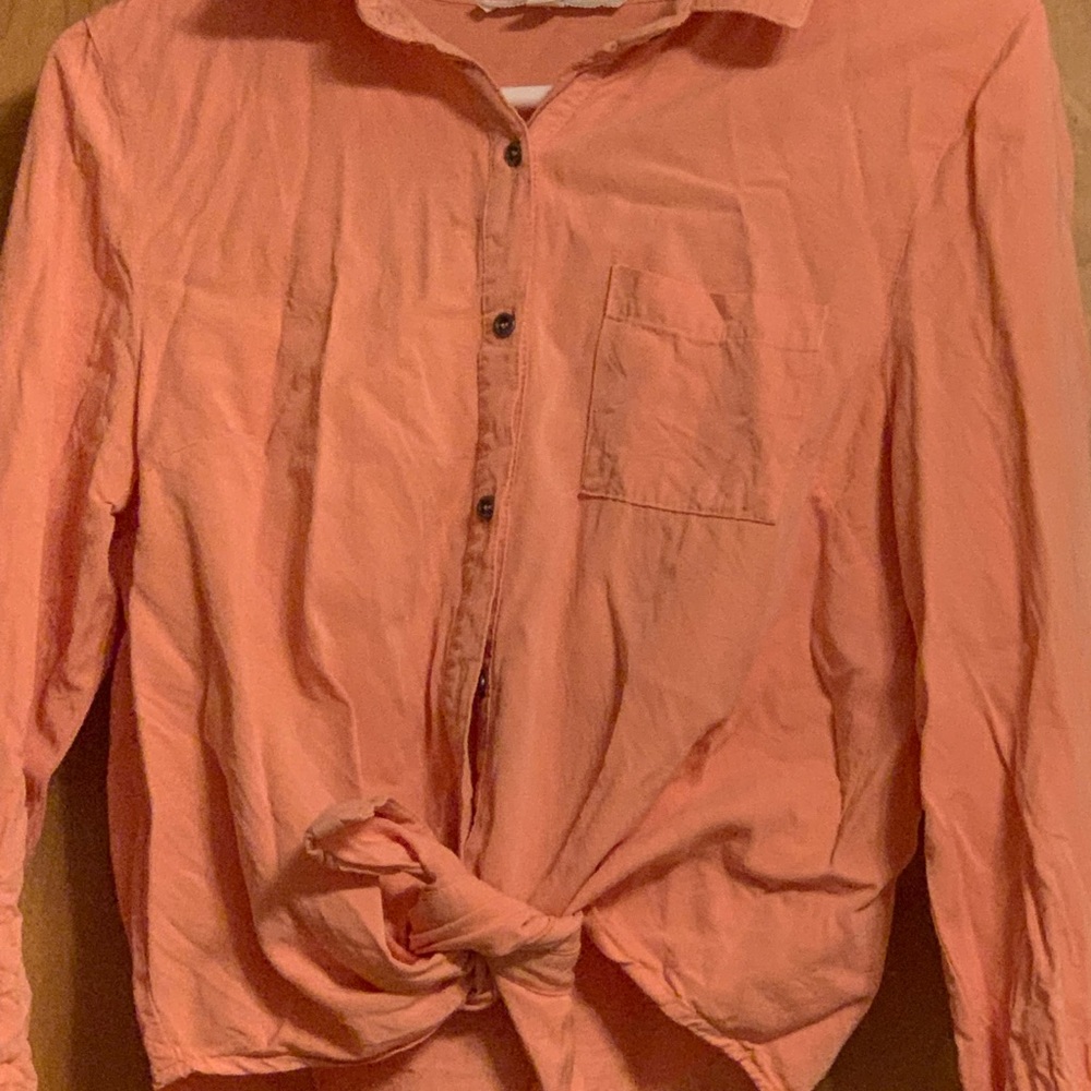 Orange button-down 70% viscose long-sleeve shirt.